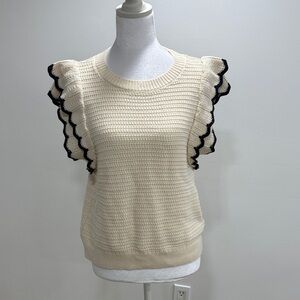 Lilla P Cream Knit Ruffle Sleeve Crew Neck Sweater with Black Trim